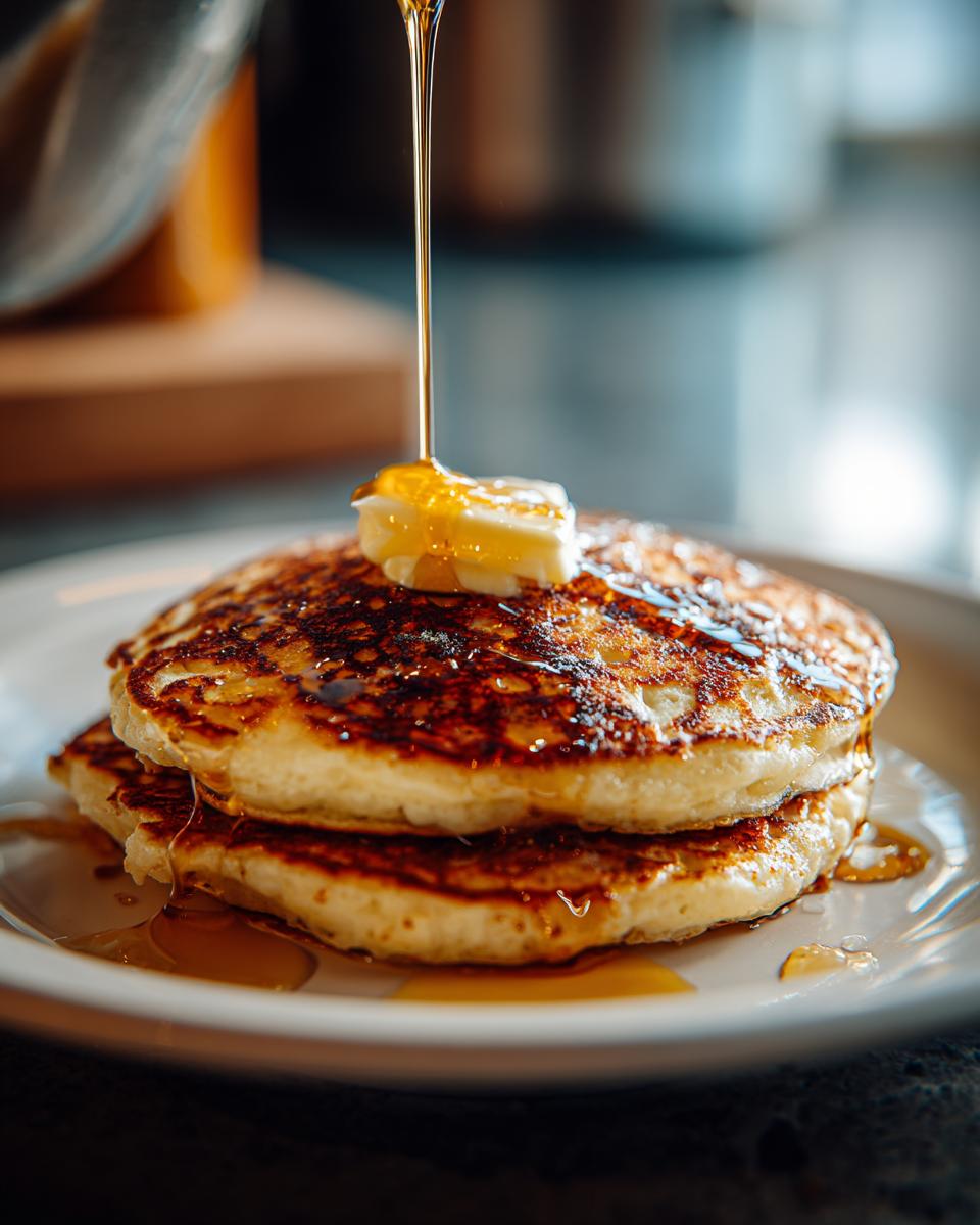 A stack of fluffy pancakes topped with a pat of butter and drizzled with golden syrup.