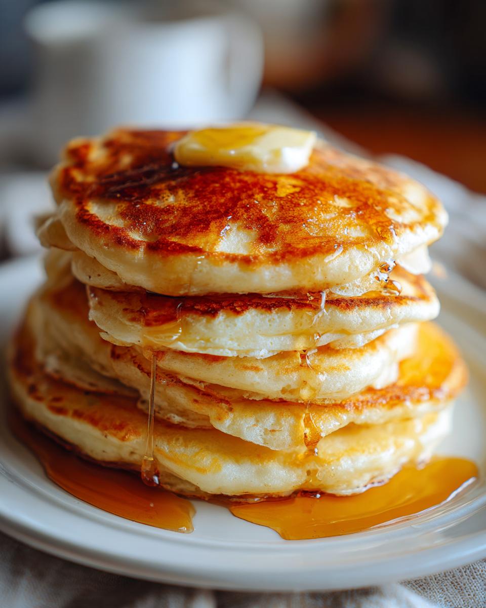 A tall stack of fluffy pancakes topped with a pat of butter and dripping with golden syrup.
