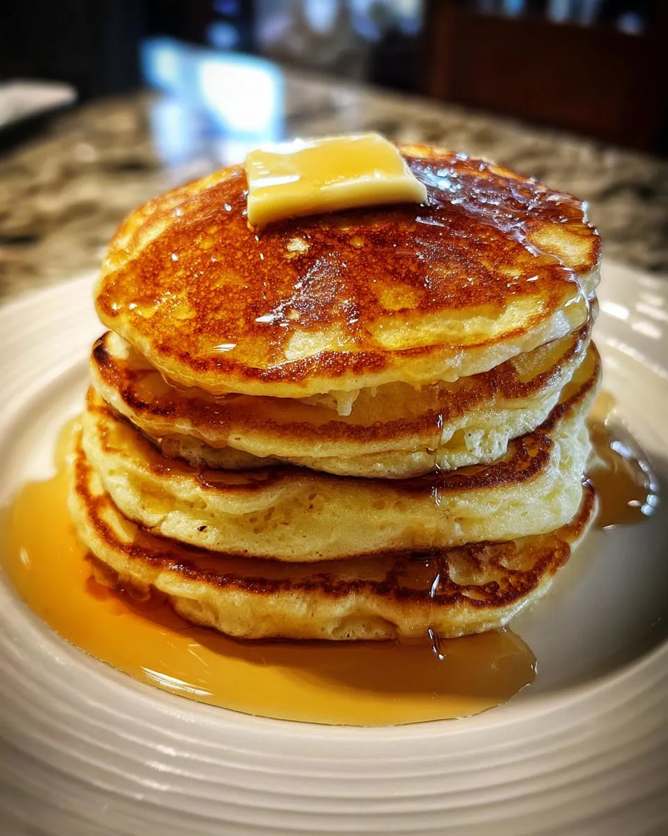 A stack of fluffy pancakes topped with a pat of butter and drizzled with syrup.