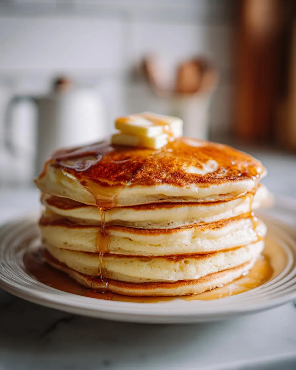 A tall stack of fluffy pancakes topped with butter and dripping with syrup.