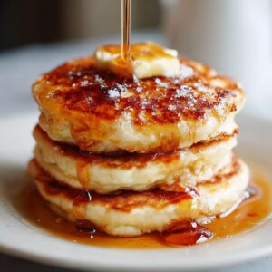 A stack of fluffy pancakes being drizzled with maple syrup and topped with butter.
