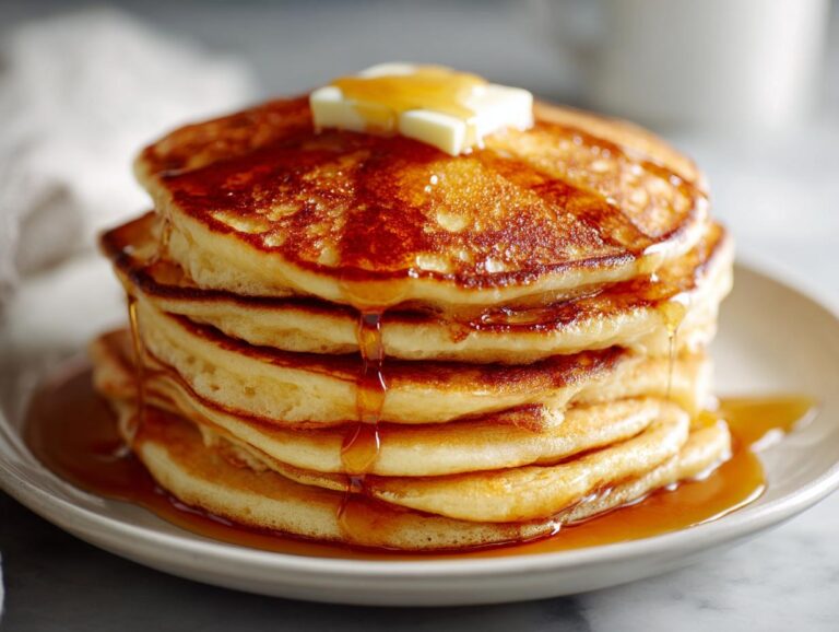 A tall stack of fluffy pancakes topped with a pat of butter and drizzled with syrup.