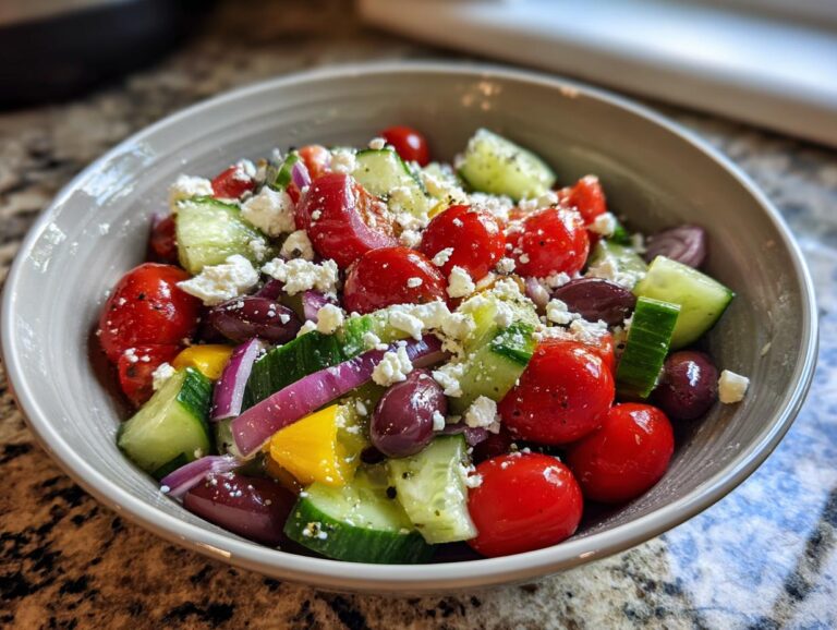 A vibrant bowl of Greek salad featuring cherry tomatoes, cucumbers, red onion, Kalamata olives, and feta cheese.