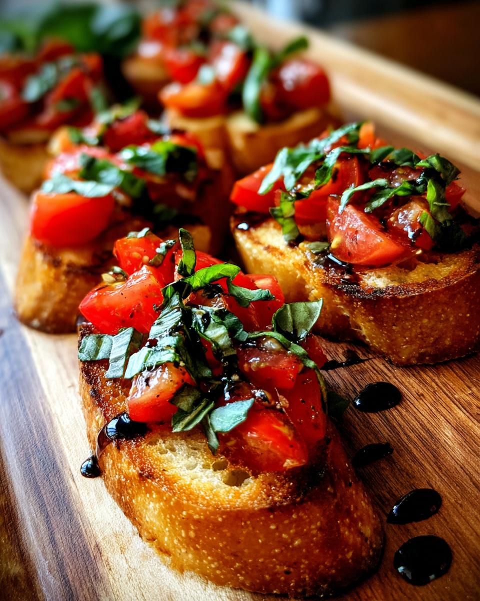 Close-up of fresh tomato bruschetta topped with basil and balsamic glaze on a wooden board.