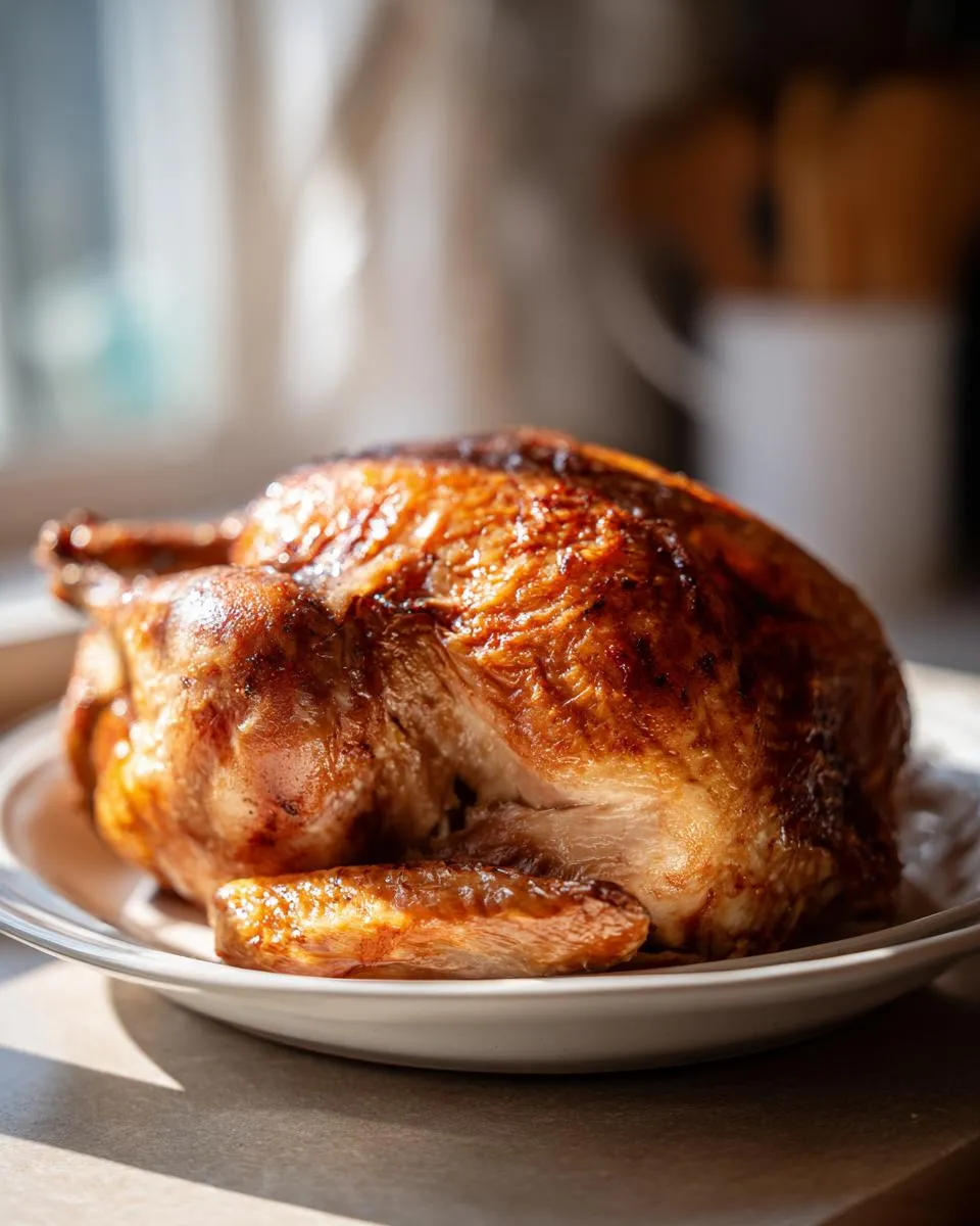 A golden-brown, perfectly fried turkey rests on a white plate, ready to be served.