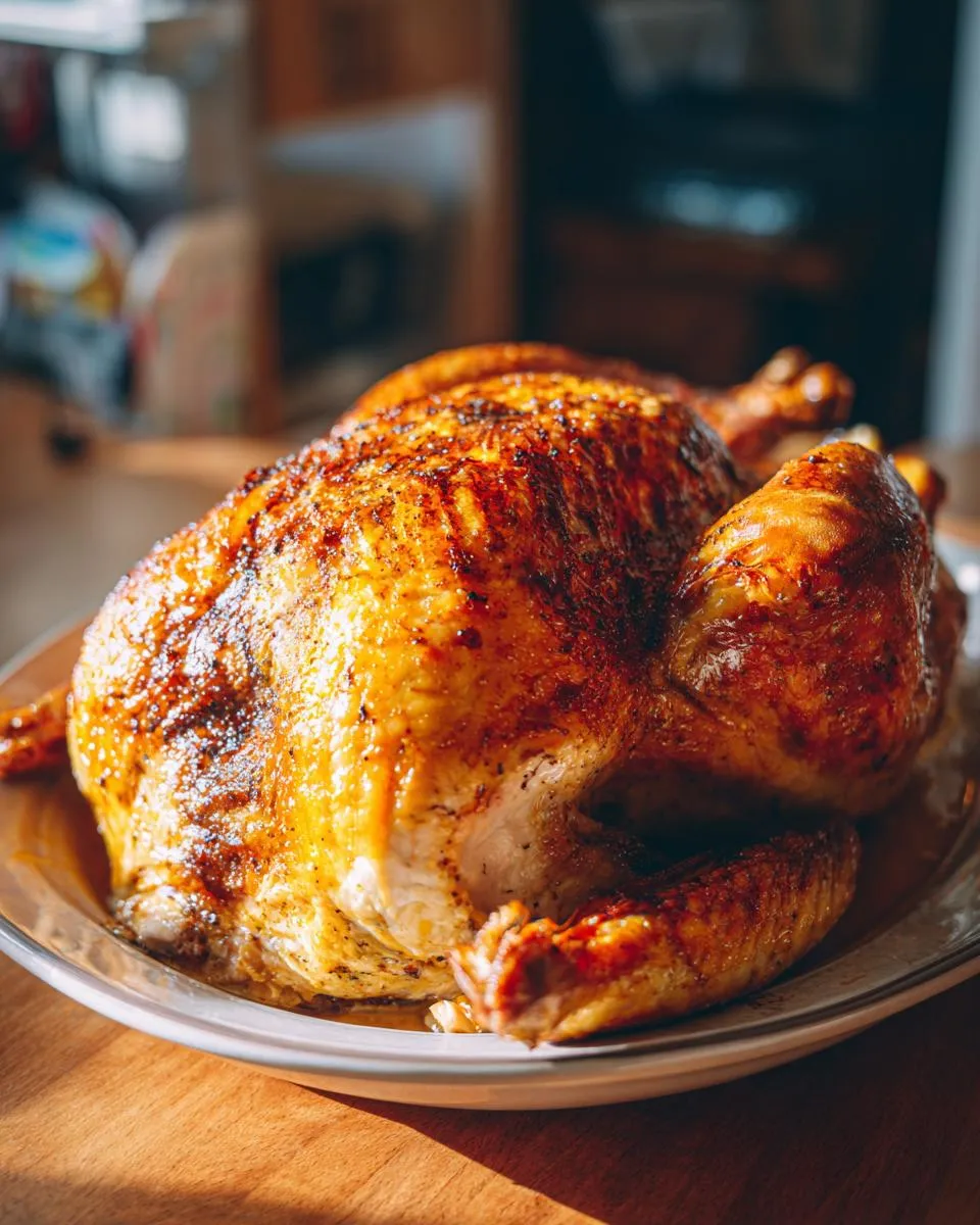 A golden-brown, crispy fried turkey resting on a white plate, ready to be served.