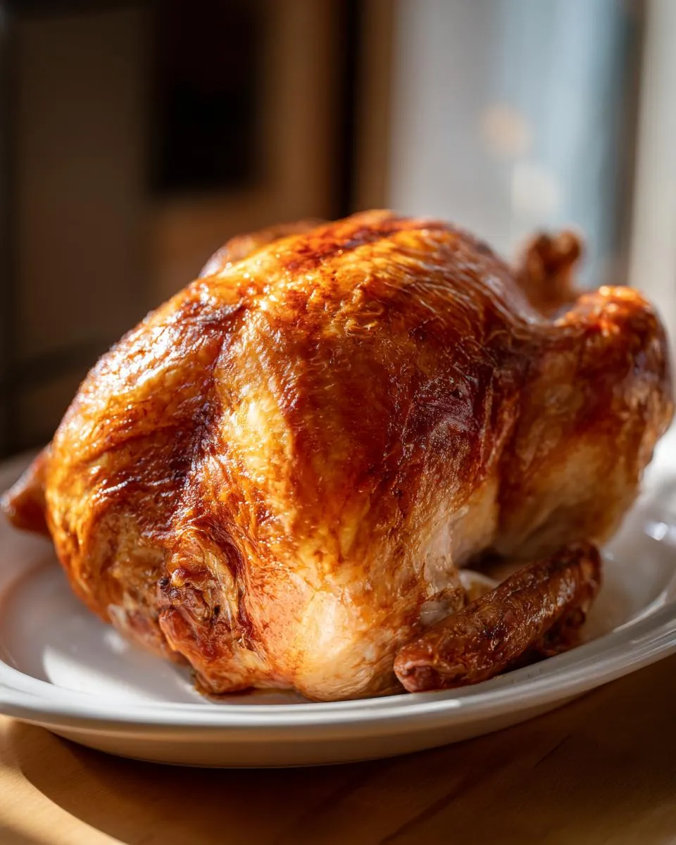 A perfectly golden-brown fried turkey rests on a white platter, ready to be served.