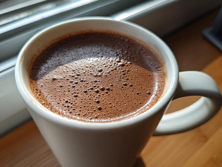 Close-up of a white mug filled with rich, frothy hot cocoa sitting on a wooden surface near a window.