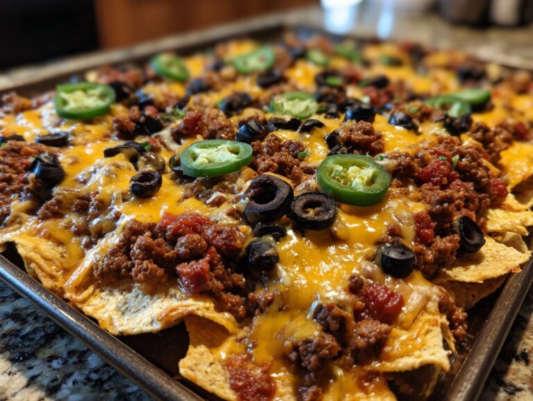 Close-up of loaded Game Day Nachos topped with melted cheese, seasoned ground beef, black olives, and jalapeños.