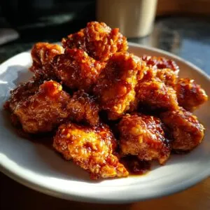 A plate piled high with glistening, crispy General Tso's chicken pieces coated in a rich, savory sauce with sesame seeds.