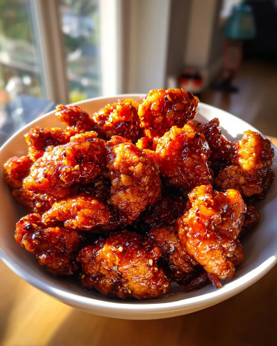 A close-up of a white bowl filled with glistening General Tso's chicken pieces, coated in a rich, dark sauce and sprinkled with sesame seeds.