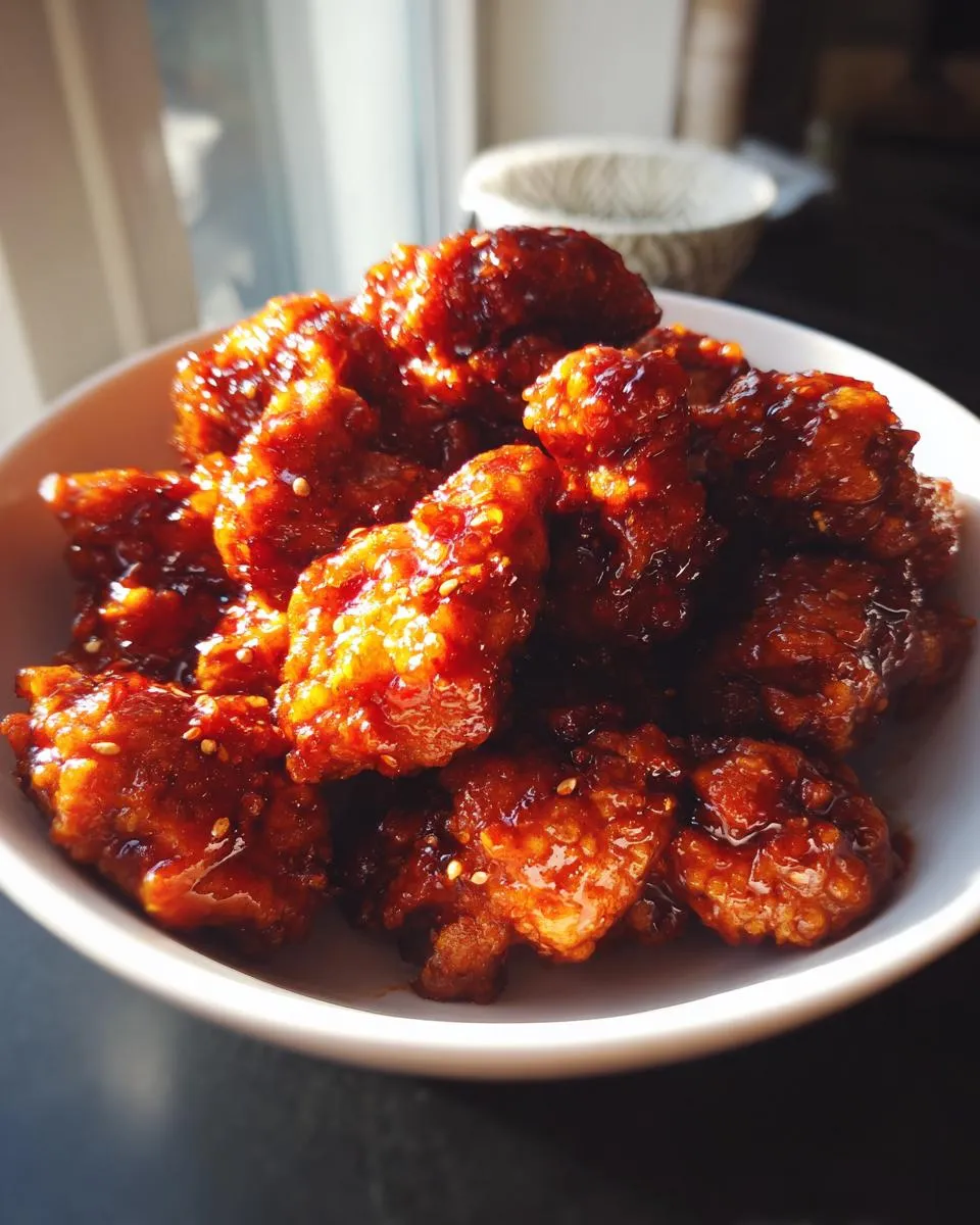 A close-up of crispy General Tso's chicken pieces coated in a glossy, reddish-brown sauce, sprinkled with sesame seeds, served in a white bowl.