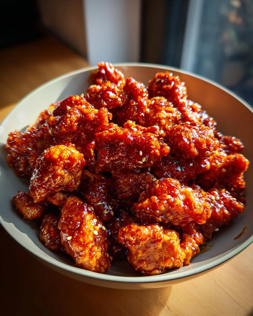 A close-up of a bowl filled with glistening General Tso's chicken pieces, coated in a rich, dark sauce and sprinkled with sesame seeds.