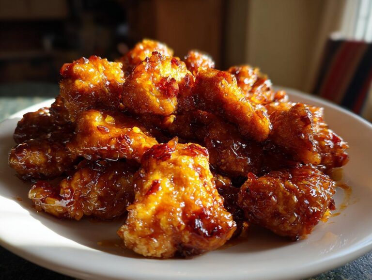 A close-up of a pile of glistening General Tso's chicken pieces on a white plate, coated in a rich, savory sauce.