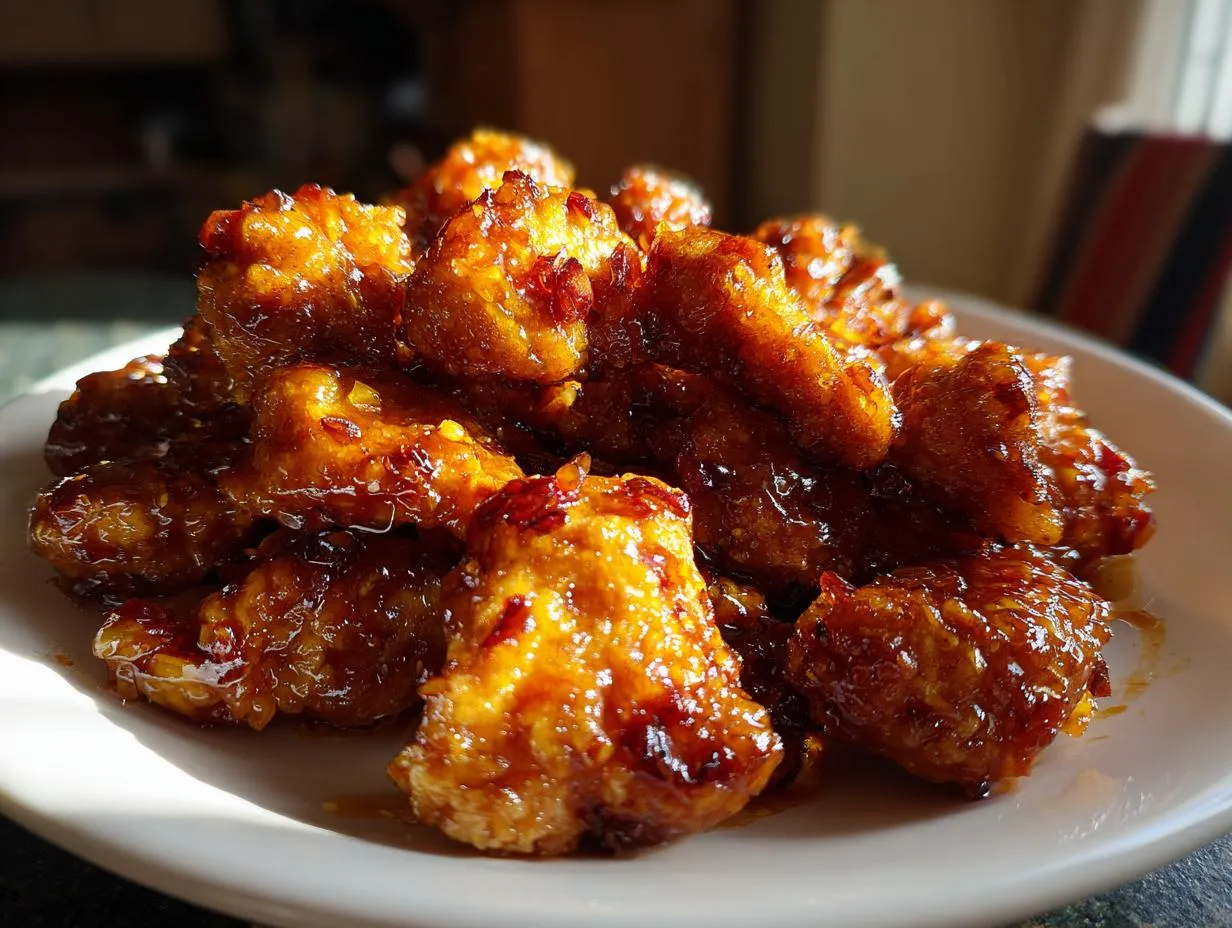 A close-up of a pile of glistening General Tso's chicken pieces on a white plate, coated in a rich, savory sauce.