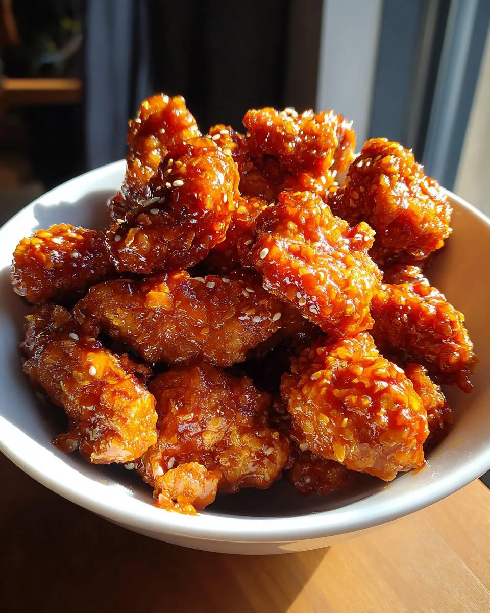 A bowl filled with crispy General Tso's chicken pieces coated in a glossy, orange sauce and sprinkled with sesame seeds.