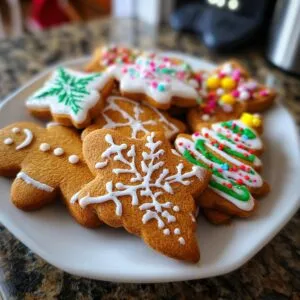 A plate of beautifully decorated gingerbread cookies in various festive shapes like gingerbread men, snowflakes, and Christmas trees.