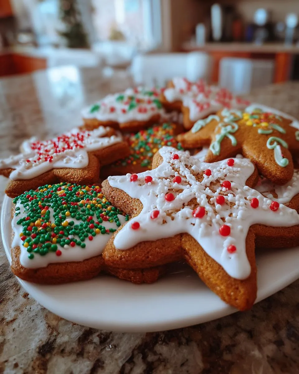 A close-up of a plate filled with festive gingerbread cookies decorated with white icing and colorful sprinkles.