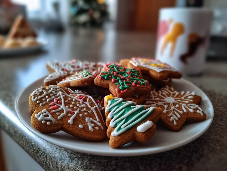 A close-up of a plate filled with beautifully decorated gingerbread cookies in various festive shapes like gingerbread men, snowflakes, and trees.