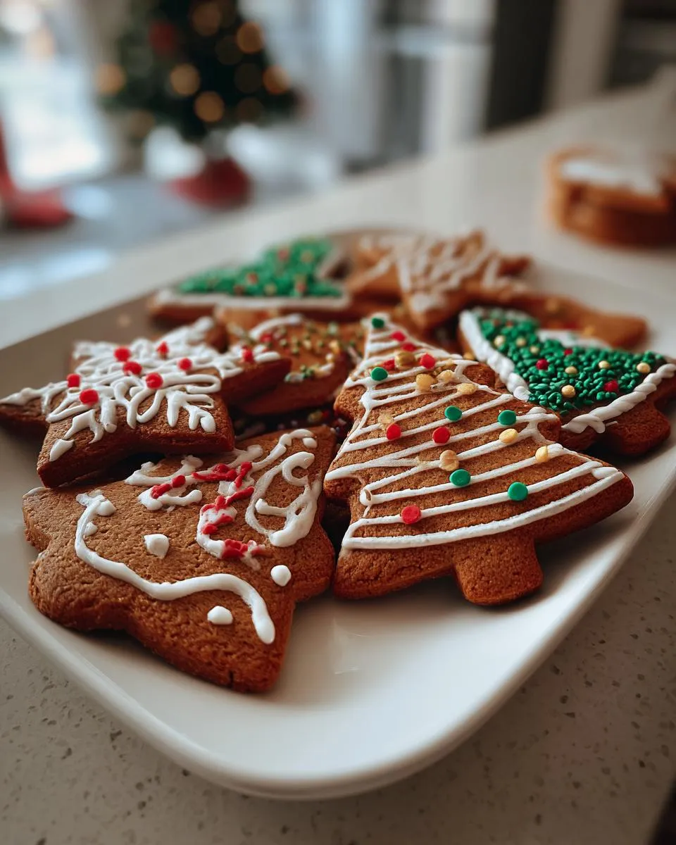 A white platter filled with beautifully decorated gingerbread cookies in festive shapes like trees and stars.