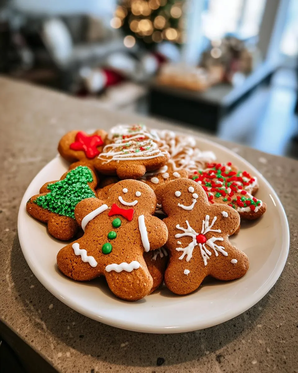 A white plate filled with beautifully decorated gingerbread cookies, including gingerbread men, trees, and festive shapes.