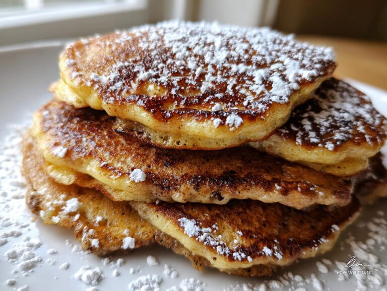 Close-up of a tall stack of golden brown gingerbread pancakes topped generously with white powdered sugar.