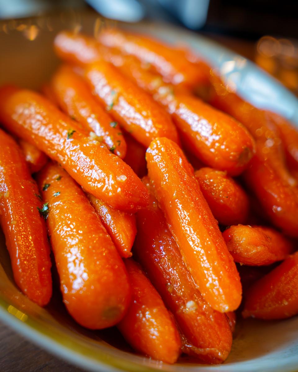 Close-up of a bowl filled with glistening glazed carrots, sprinkled with herbs.