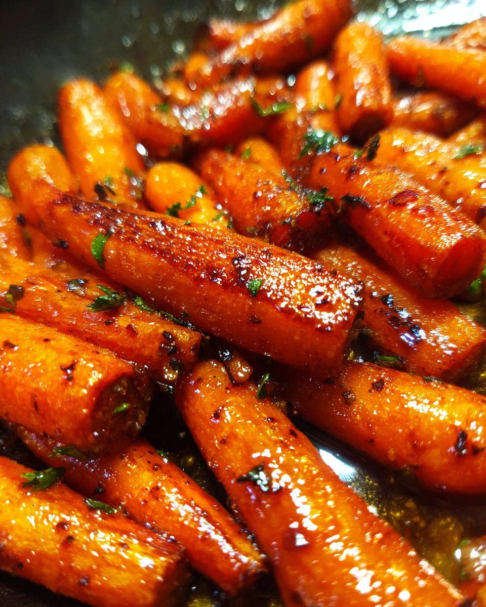 Close-up of tender glazed carrots, glistening with a sweet sauce and sprinkled with fresh herbs.