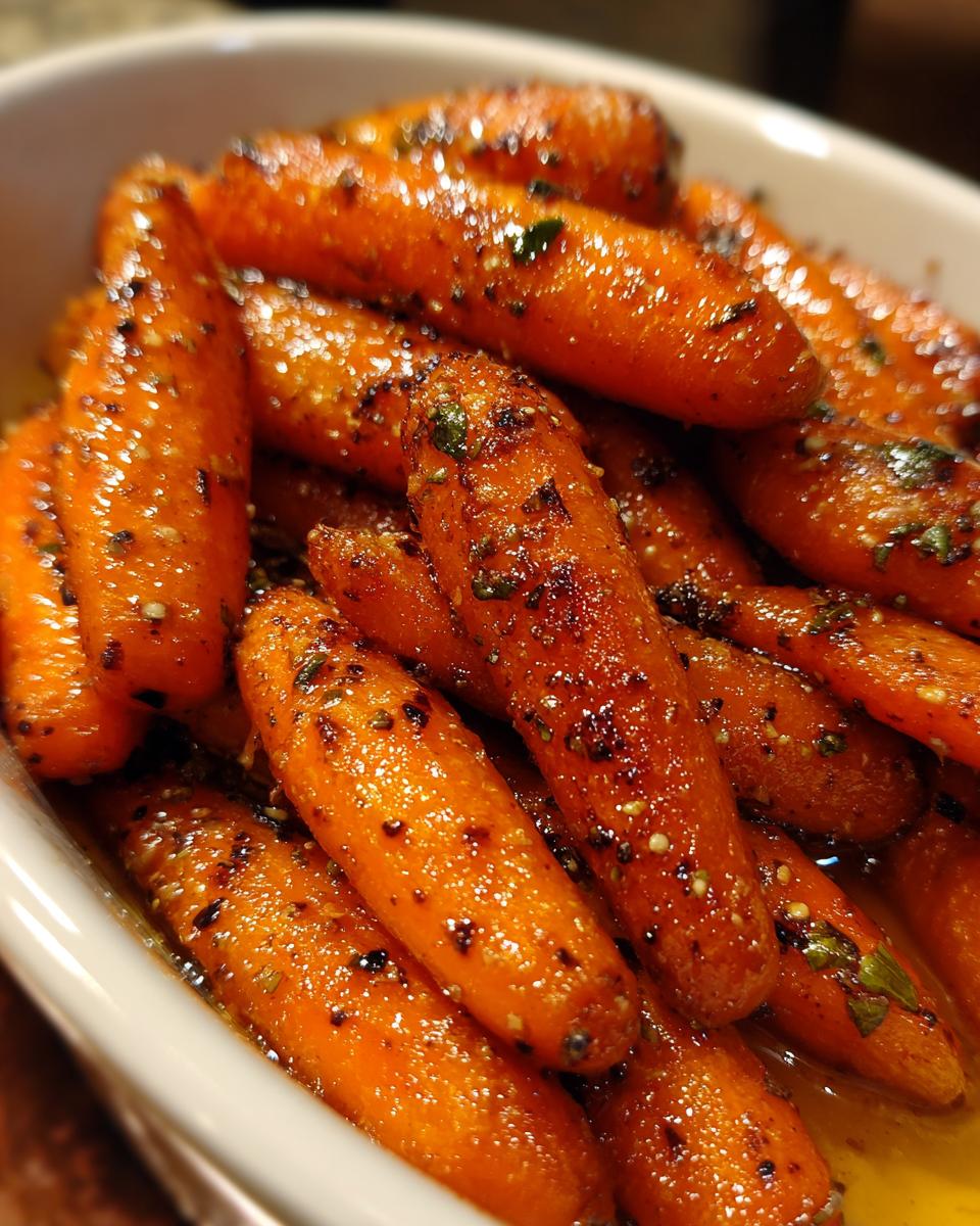 Close-up of tender, bright orange glazed carrots sprinkled with herbs and spices in a white dish.