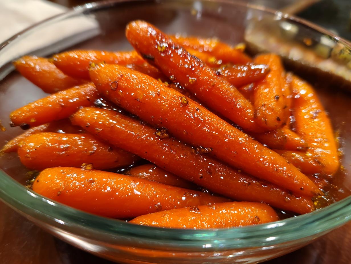 Close-up of tender glazed carrots in a glass bowl, glistening with a sweet sauce and spices.