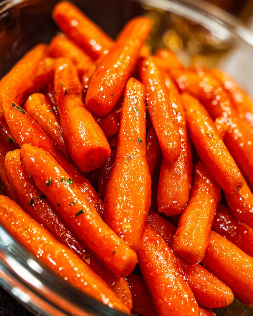 Close-up of glistening glazed carrots in a glass bowl, sprinkled with herbs.