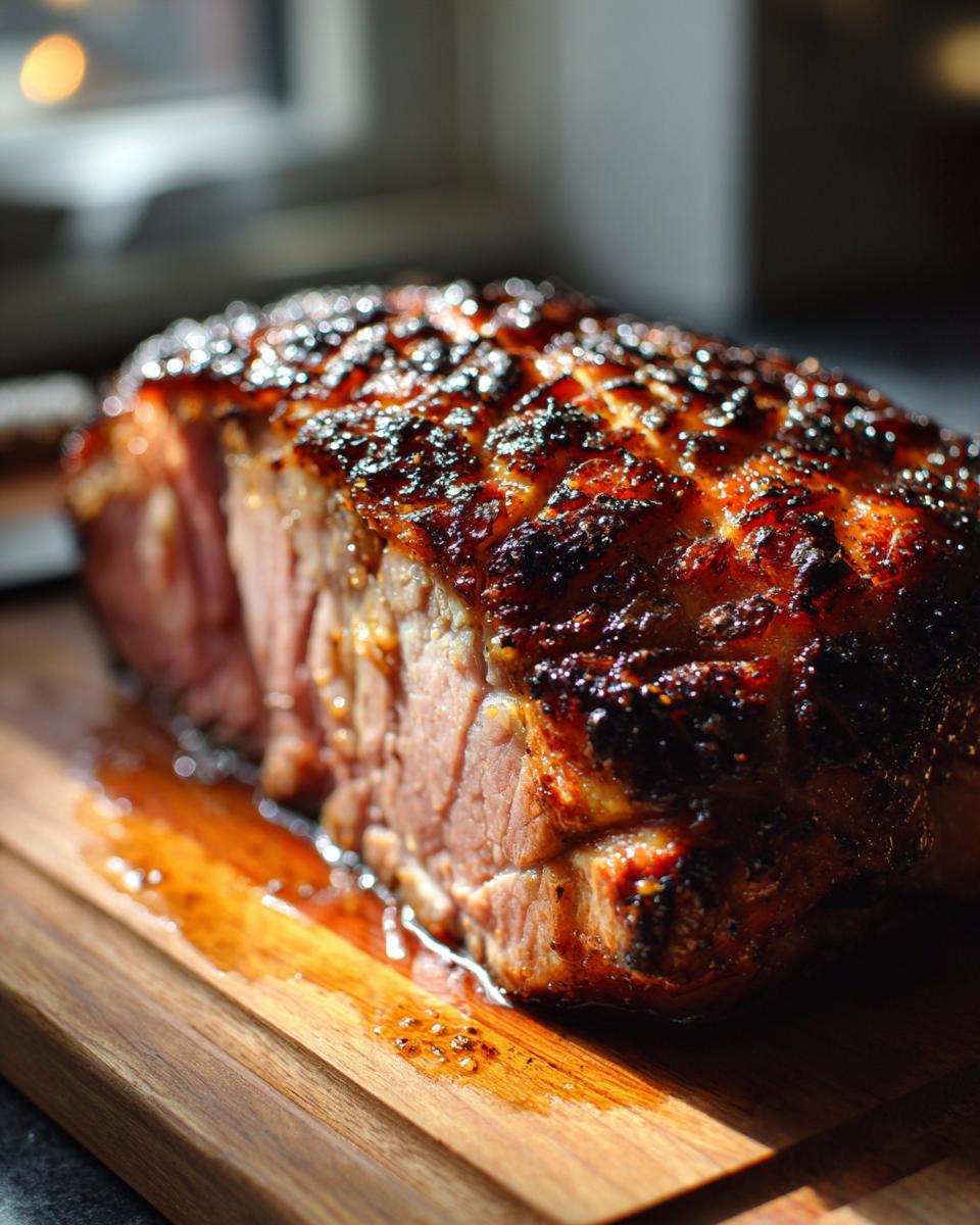 Close-up of a perfectly glazed ham resting on a wooden cutting board, glistening with juices.