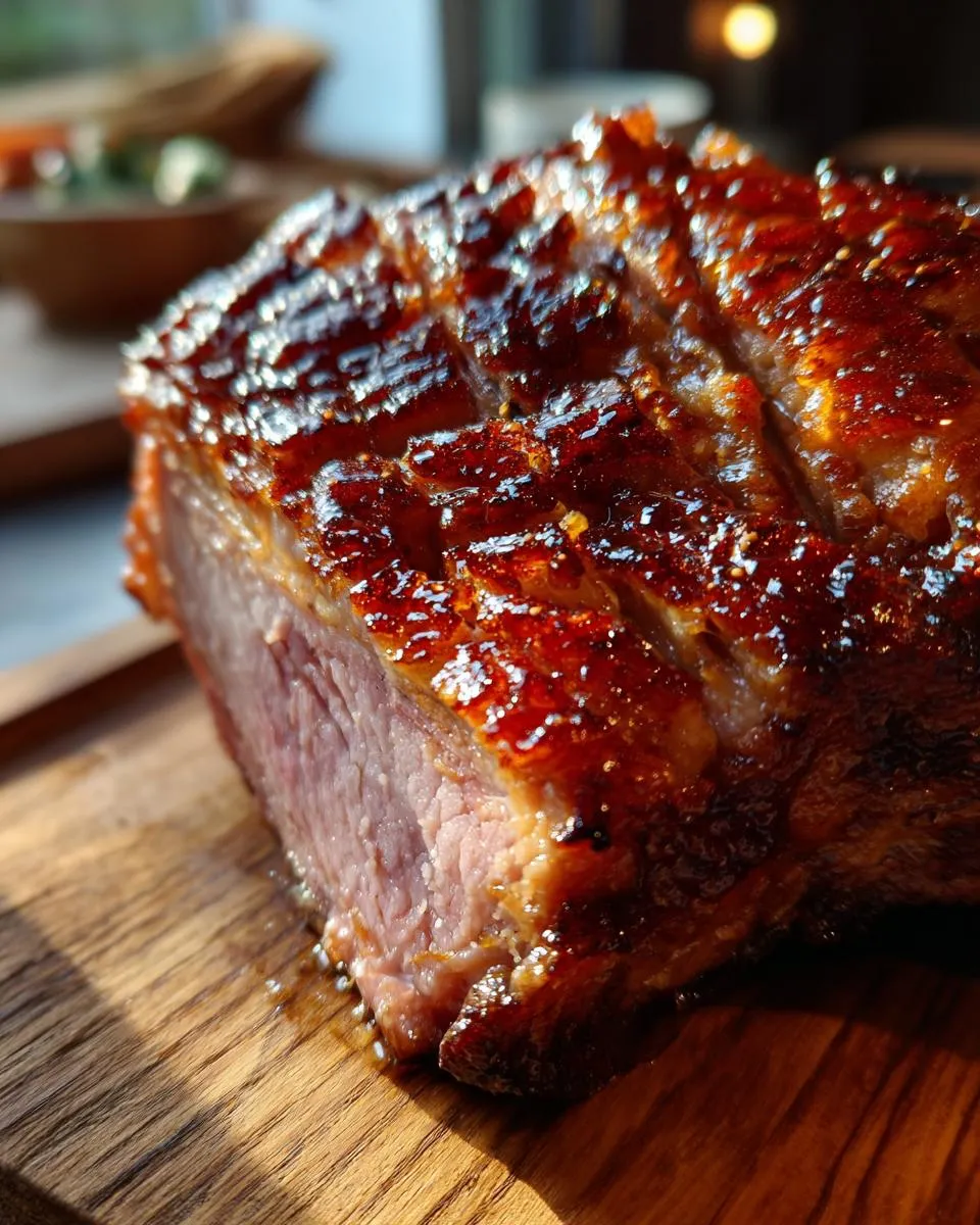 Close-up of a perfectly cooked glazed ham with a glistening, caramelized crust on a wooden board.