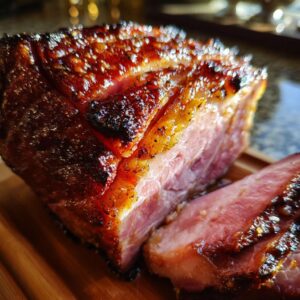 A close-up of a juicy, perfectly glazed ham slice with a glistening, caramelized crust.