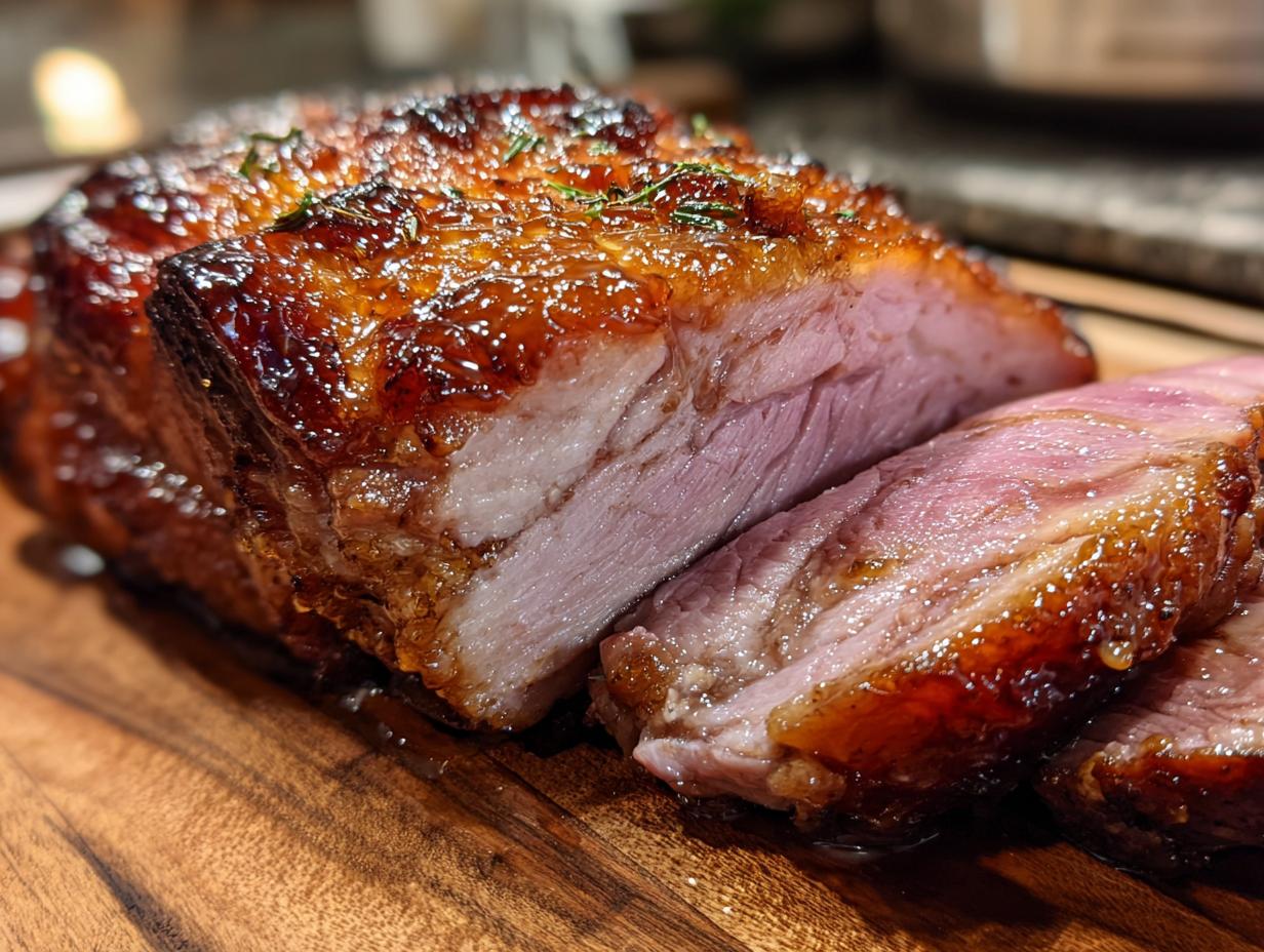 Close-up of a succulent glazed ham, sliced to reveal tender pink meat and a glistening, caramelized crust.