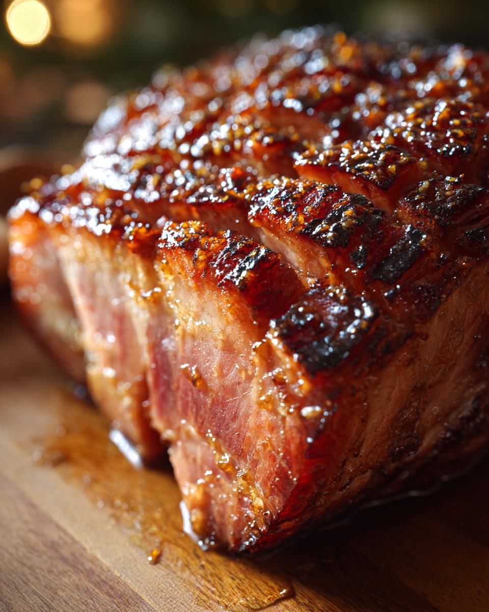 Close-up of a beautifully glazed ham with scoring on top, glistening with sauce.