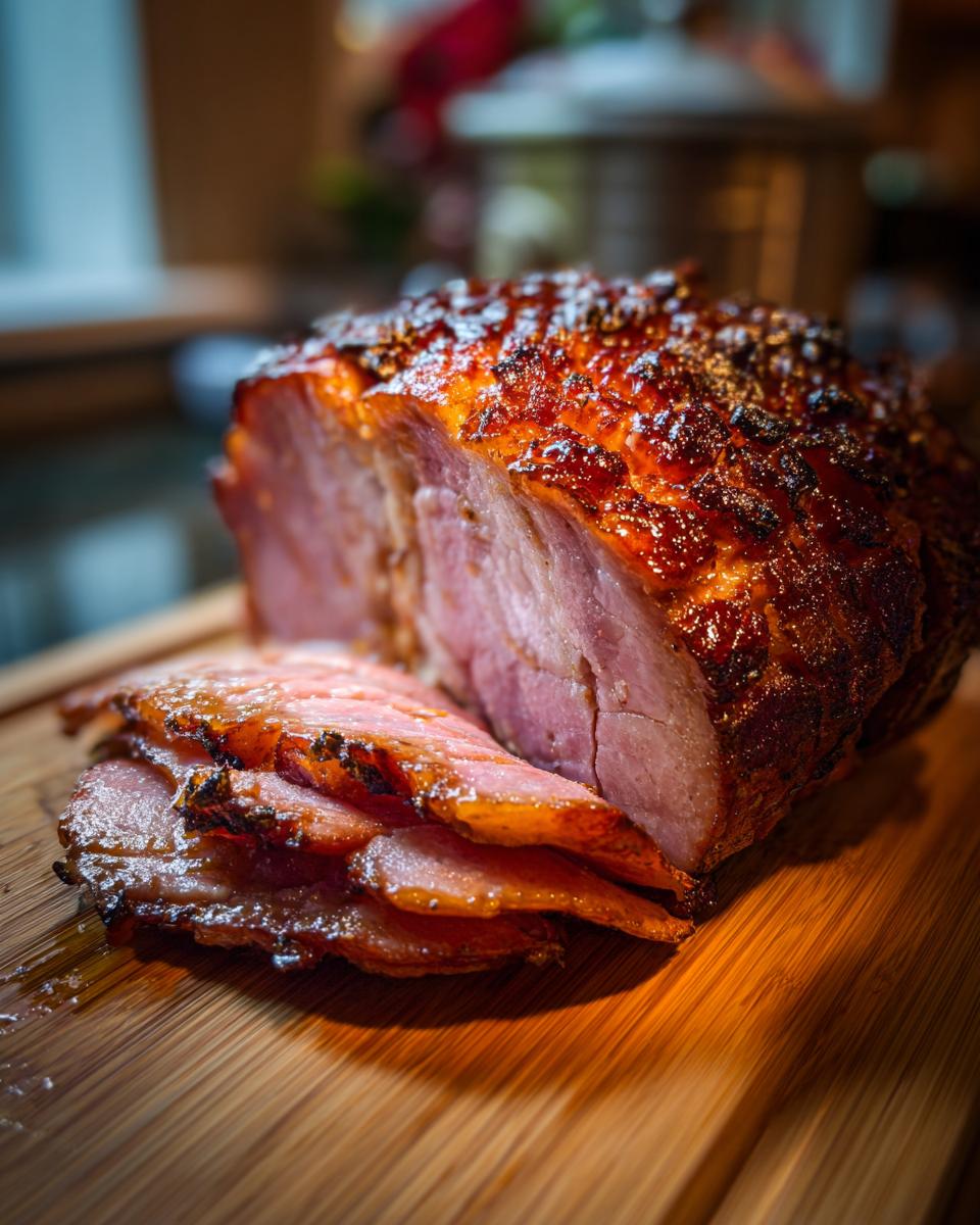 Close-up of a beautifully glazed ham, with several thin slices cut and fanned out on a wooden cutting board.