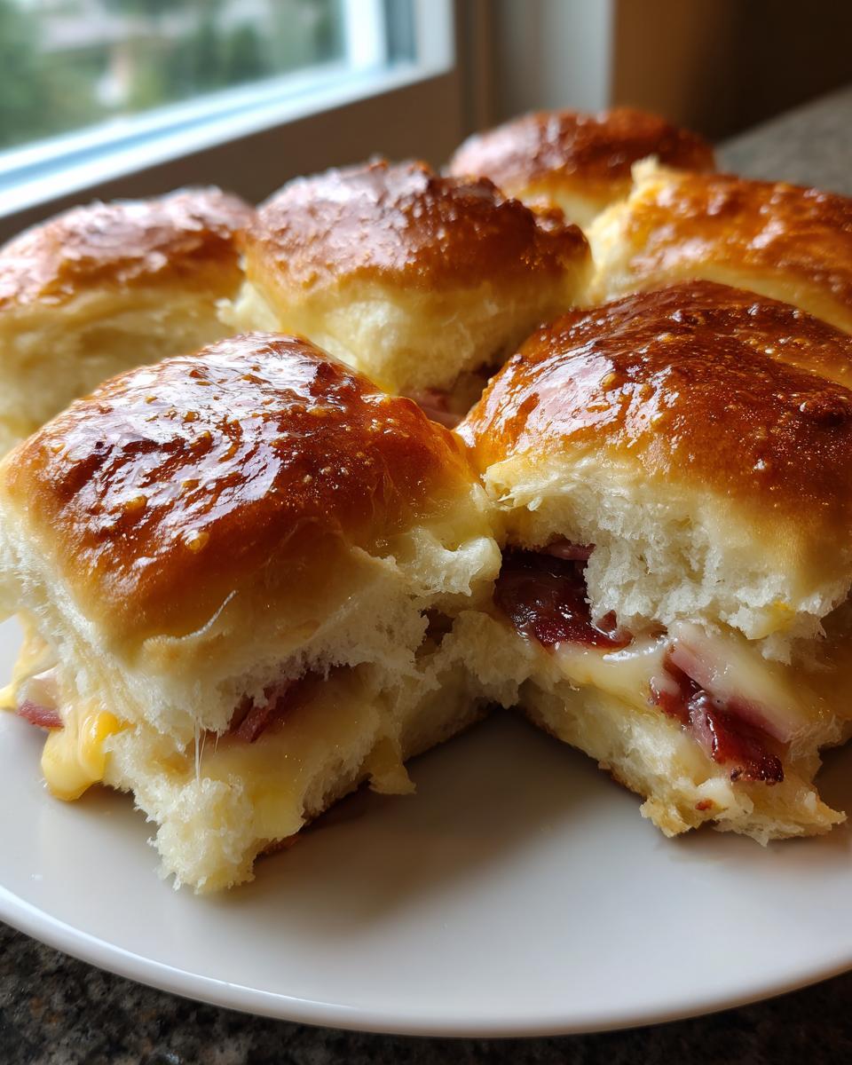 A close-up of several warm, glazed ham sliders on a white plate, showing melted cheese oozing out.