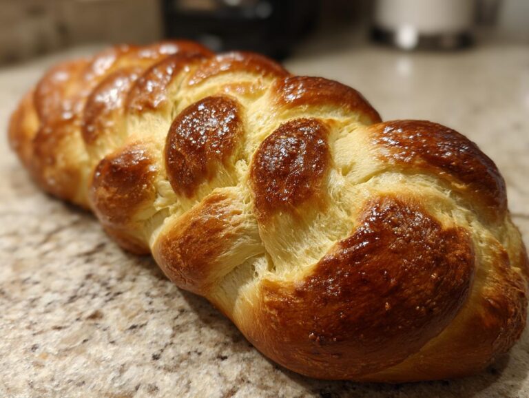 A beautifully braided, golden brown Challah bread loaf with a glossy, egg-washed crust.