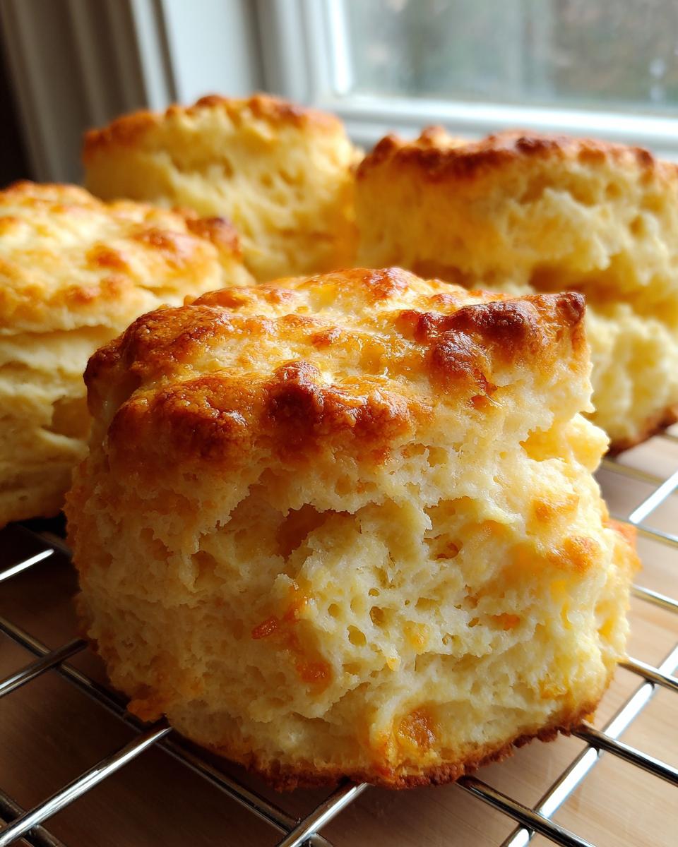 Close-up of golden brown, flaky scones with a slightly crisp top, resting on a wire cooling rack.