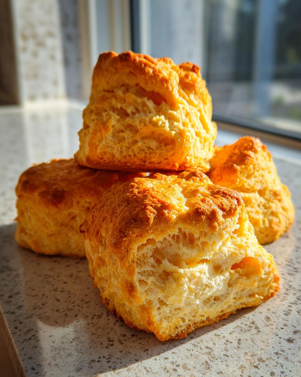 A stack of four golden brown, fluffy scones with a visible crumbly interior, perfect for a quick treat.