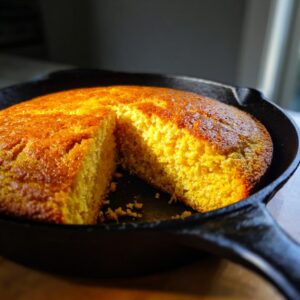 A golden brown cornbread loaf baked in a cast iron skillet, with a slice removed.
