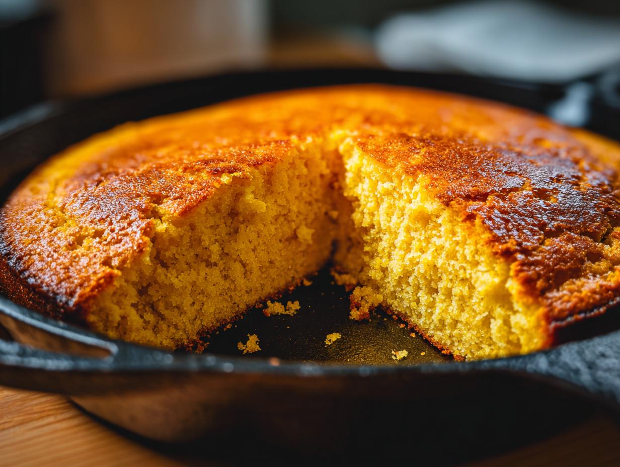 Close-up of a freshly baked golden cornbread loaf with a slice removed, presented in a rustic cast iron skillet.