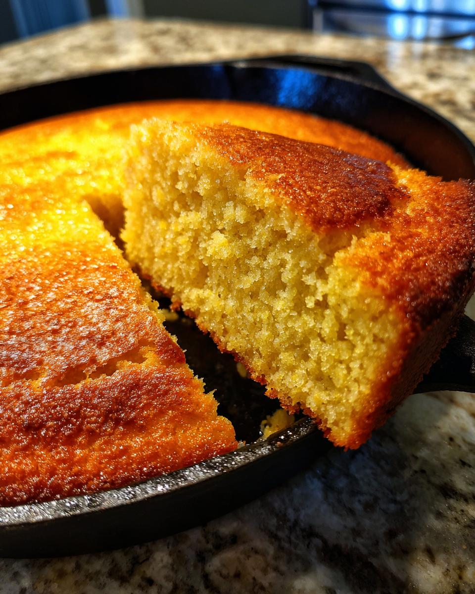 A close-up of a golden slice of cornbread being lifted from a cast iron skillet.