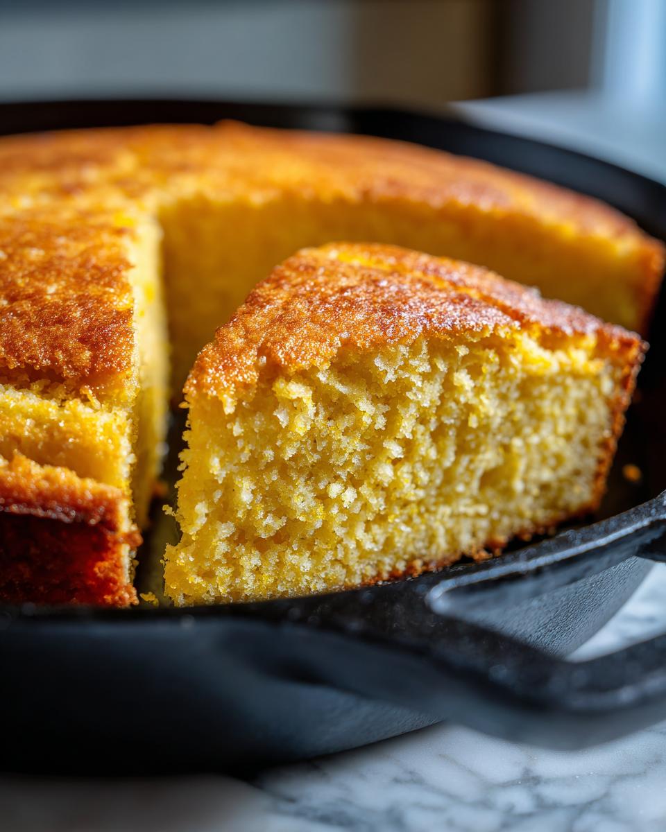 A close-up of a golden slice of cornbread in a black cast iron skillet.