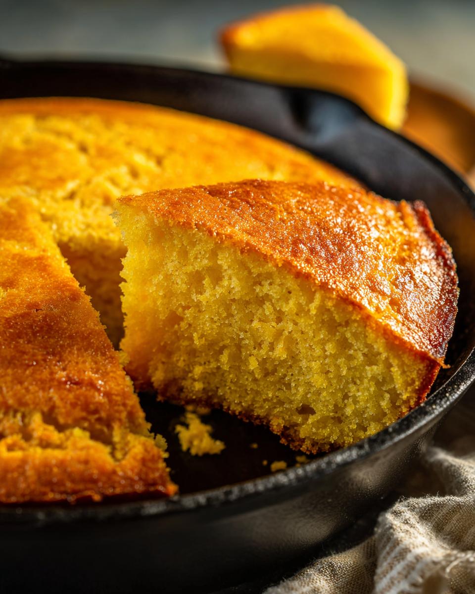 A close-up of a golden slice of cornbread being lifted from a rustic cast-iron skillet.