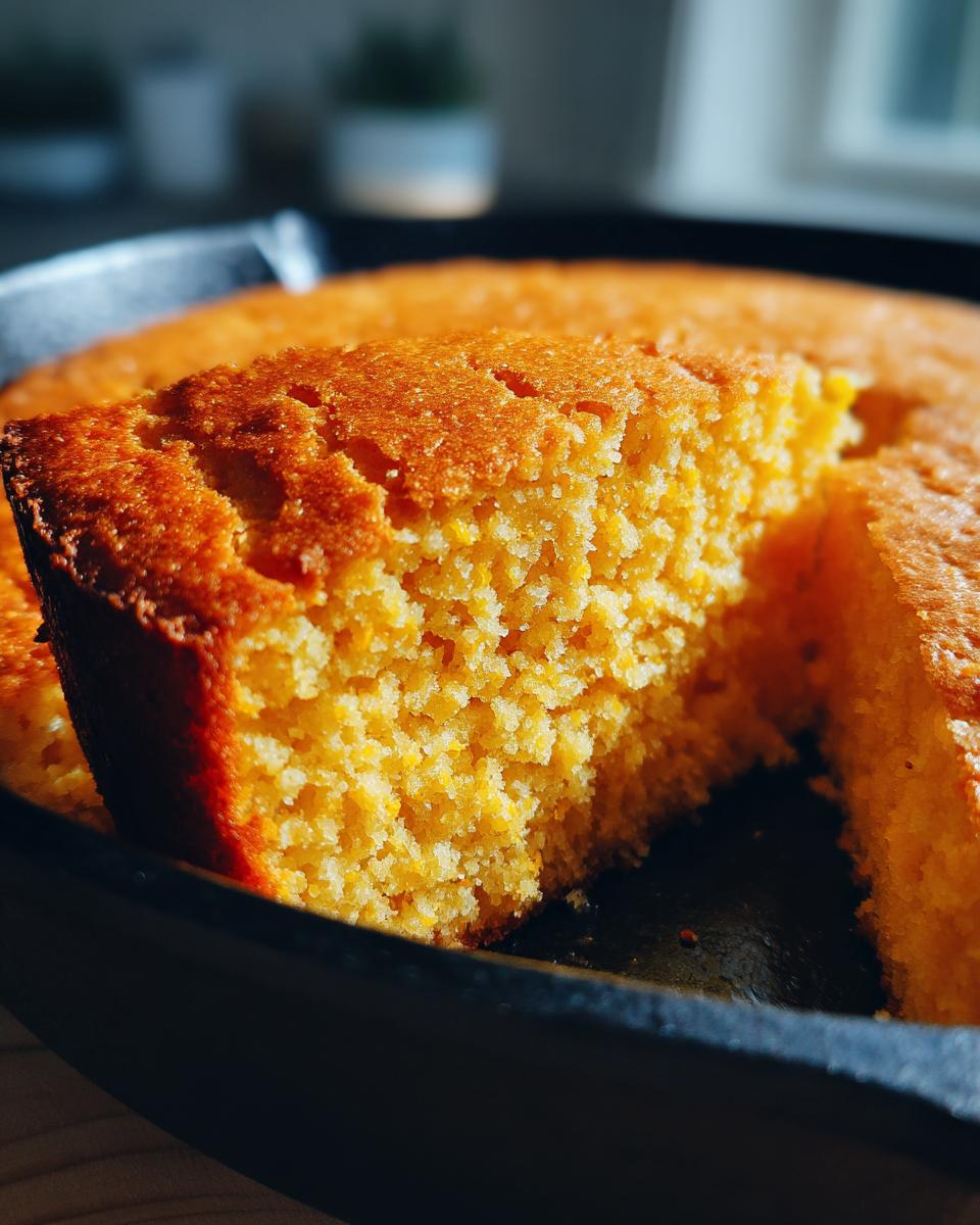 A close-up of a golden slice of cornbread in a black cast iron skillet, showing its crumbly texture.