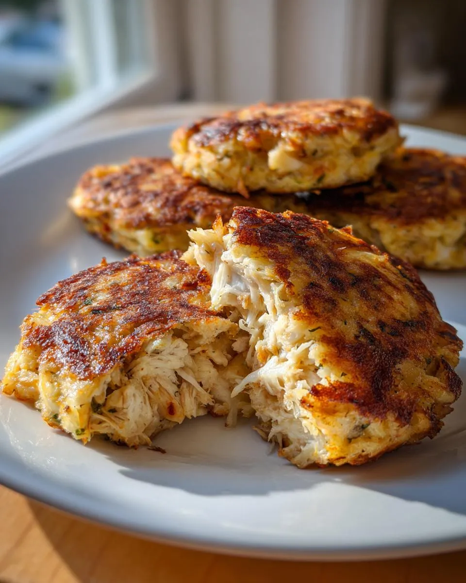 Close-up of golden-brown crab cakes on a white plate, one cracked open to reveal flaky crab meat.