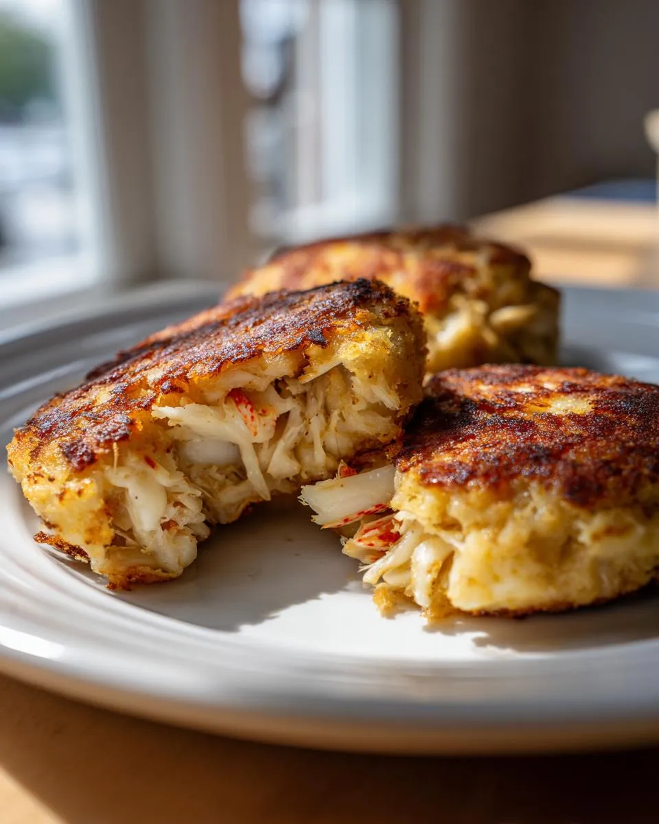 Close-up of golden-brown crab cakes on a white plate, one is broken open revealing flaky crab meat.