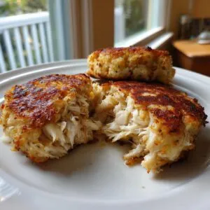 Close-up of golden brown crab cakes on a white plate, one broken open to reveal flaky crab meat.